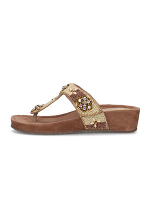Sandalo zeppa marrone con motivi floreali con perline e strass su cinturini in tessuto e design con fascia tra le dita.