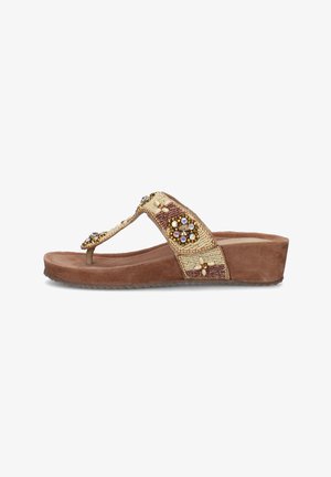 Sandalo zeppa marrone con motivi floreali con perline e strass su cinturini in tessuto e design con fascia tra le dita.