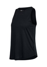 Schwarzes ärmelloses Sport-Top mit rundem Ausschnitt und dezentem Logo auf der Brust, dargestellt auf weißem Hintergrund.