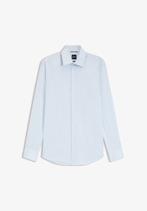 Light blue long-sleeve dress shirt with fine vertical stripes, button-down front, classic collar, and cuffed sleeves laid flat.