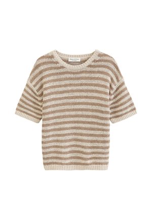 Pull à manches courtes tricoté à rayures horizontales beiges et blanches, avec col rond, poignets et base côtelés.
