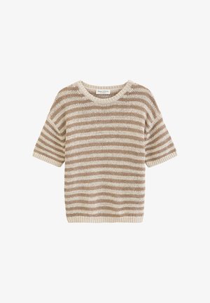 Pull à manches courtes tricoté à rayures horizontales beiges et blanches, avec col rond, poignets et base côtelés.