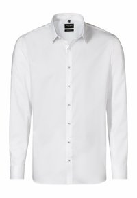 Witte lange mouw button-up shirt, gemaakt van gladde katoenen stof, heeft een klassieke kraag en zilveren knopen langs de voorkant.