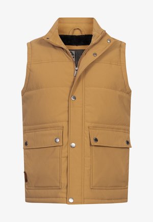 Prahani bez rukava u bež boji od podstavljenog materijala. Ima kopčanje na dugmiće, dva prednja džepa i mekani crni flis oblogu na ovratniku.