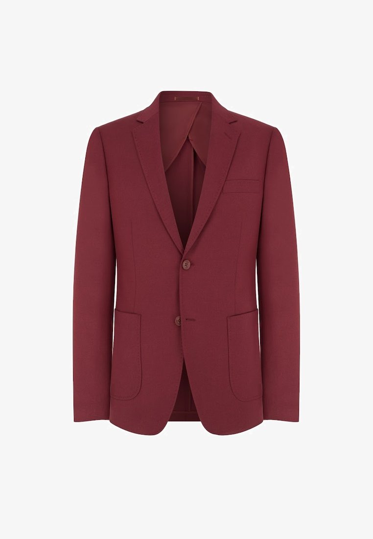 Burgundowy marynarka wykonana z teksturowanej tkaniny. Posiada dwie przednie kieszenie, klapy z wycięciem oraz zapięcie na dwa guziki. Dopasowany krój bez widocznych wzorów.