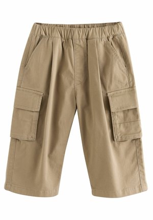 Khaki-Cargo-Shorts mit elastischem Bund, ausgestattet mit zwei seitlichen Taschen und zwei großen Cargo-Taschen auf den Oberschenkeln. Weiche Baumwolltextur.