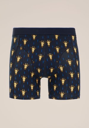 Navy boxer shorts featuring a repeating pattern of yellow giraffe heads and blue raindrops, made of soft, stretchy fabric.