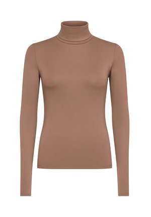 Maglione a maniche lunghe con collo a bottleneck in un marrone chiaro, realizzato in materiale morbido ed elastico, con un design aderente e una fascia al collo stretta.