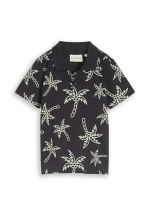 Czarna koszulka polo z krótkim rękawem z białymi wzorami palm i ściągaczem na kołnierzu, z rozpięciem na guziki i metką Tom Tailor wewnątrz.