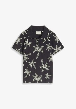 Czarna koszulka polo z krótkim rękawem z białymi wzorami palm i ściągaczem na kołnierzu, z rozpięciem na guziki i metką Tom Tailor wewnątrz.