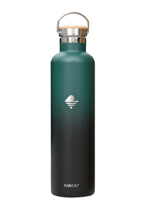 Tall green and black stainless steel water bottle with silver lid and wooden handle, branded with Raikou logo and symbol.