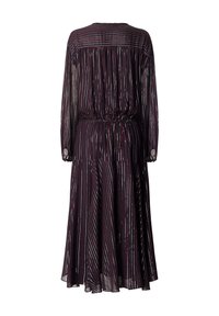 Long, flowing dress in dark purple with vertical metallic stripes. Features long sleeves, an elastic waistband, and a tiered skirt.