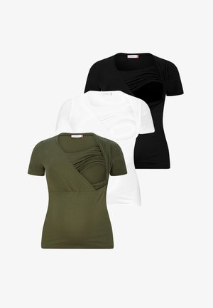 Tres camisetas de manga corta en verde oliva, blanco y negro. Presentan un diseño cruzado con tela fruncida y material suave y elástico.