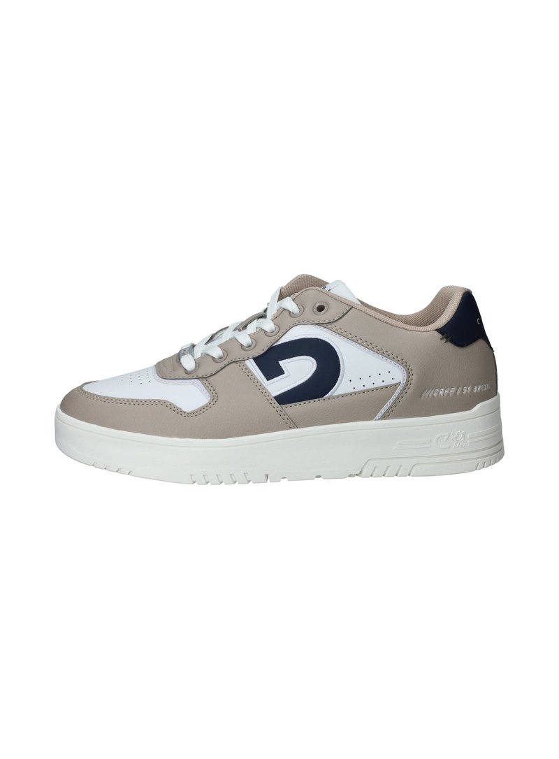 Zapatillas beige y blancas con acentos en azul marino, de material sintético y cuero, con detalles texturizados, puntera redonda y suela de goma plana.