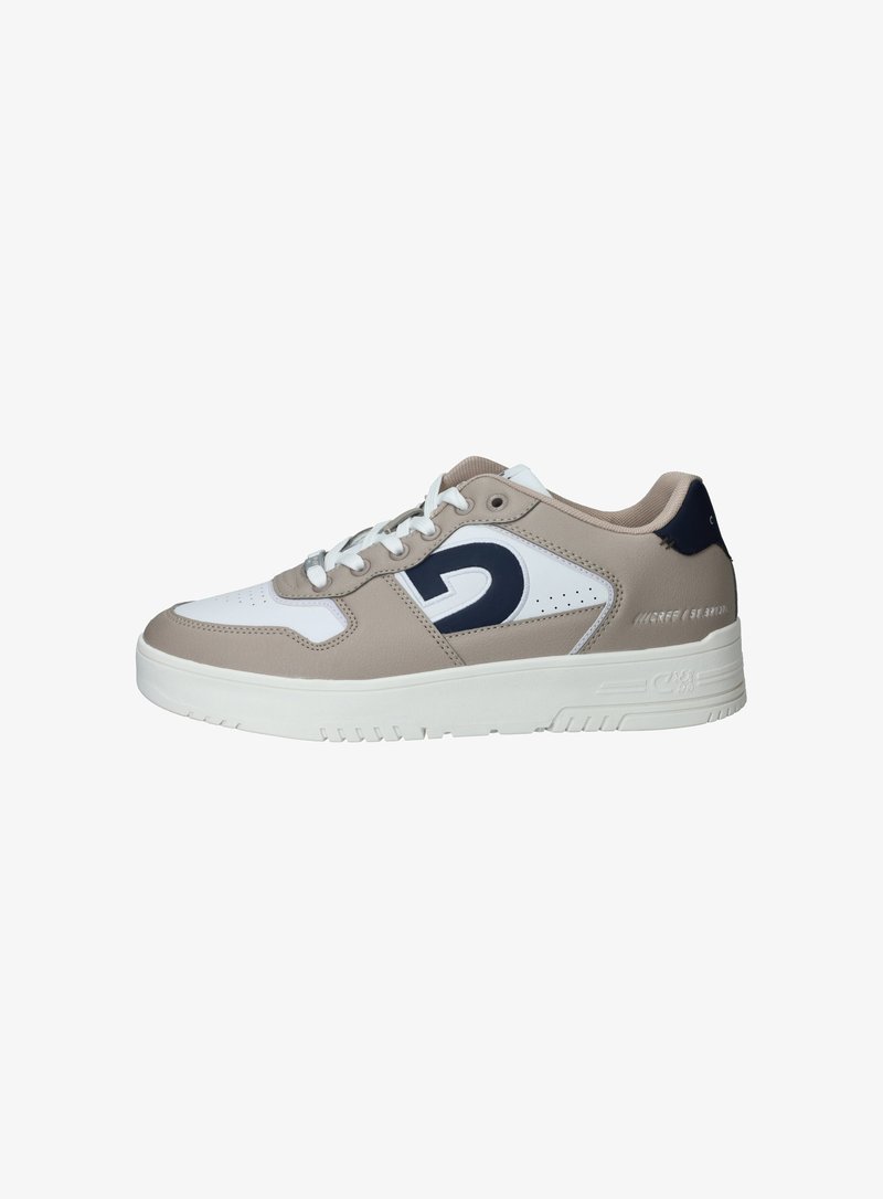 Beige en witte sneakers met marineblauwe accenten, van leer en synthetisch materiaal, met een textuur, ronde neus en platte rubberen zool.