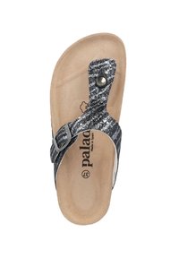 Zwarte en zilveren sandalen met een patroon, met een teenpostontwerp, verstelbare gespsluiting en een struktureerde voetbed met het label "palad." Gemaakt in Spanje.
