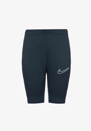 Marineblauwe Nike-shorts gemaakt van lichtgewicht materiaal; aansluitend ontwerp met een elastische tailleband en wit logo op de linker bovenbeen.