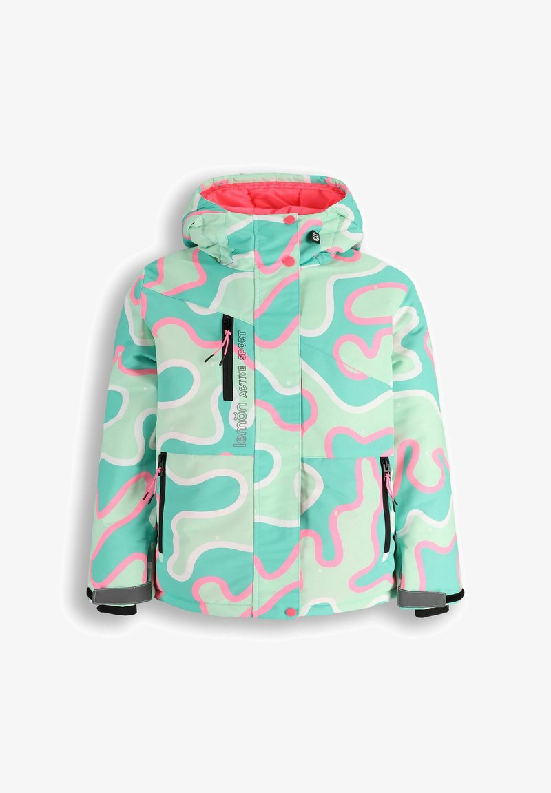 Kolorowa turkusowa kurtka z wirującym różowym i białym wzorem, z zamkniętymi kieszeniami i kapturem, wykonana z materiału odpornego na warunki atmosferyczne.