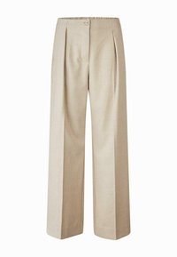 Pantaloni larghi beige in tessuto testurizzato, con chiusura frontale a bottone e due pieghe per un dettaglio in più.