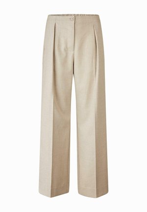 Beige vide bukser med teksturert stoff, med frontknap lukking og to legg for ekstra detalj.