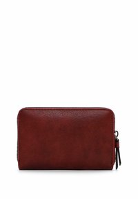 Zippered wallet made of textured dark red leather. Rectangular shape with a small zipper pull accent. Smooth surface, minimalist design.