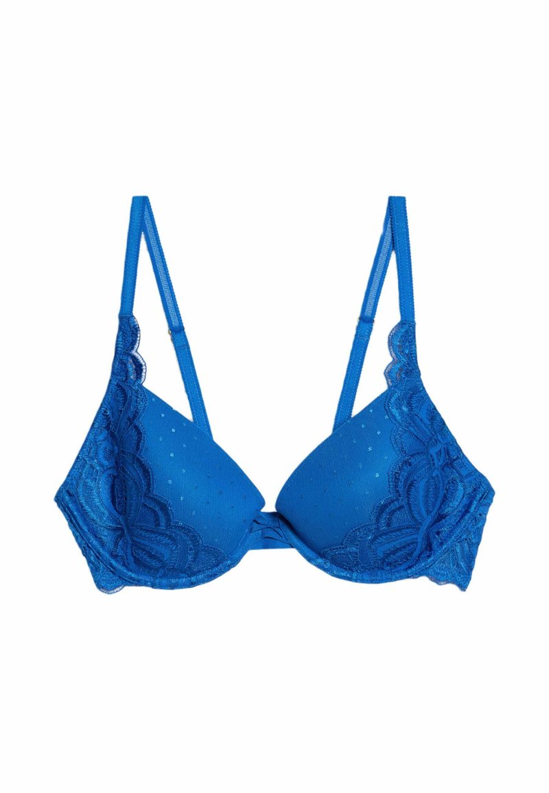 Modrý krajkový bralet s průhlednou látkou s puntíky, vlnitými okraji, nastavitelné ramínka a zapínání na zadní straně.