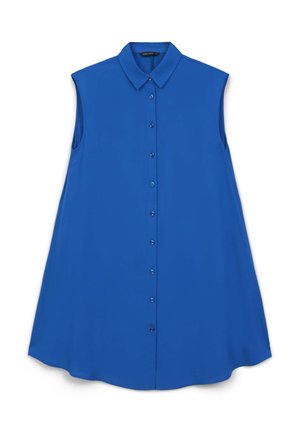 Maglietta senza maniche blu con colletto, caratterizzata da una chiusura frontale con bottoni e una superficie liscia. Design svasato con orlo arrotondato.