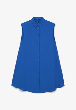 Chemise sans manches bleue avec un col, présentant un devant à boutons et une texture lisse. Design évasé avec un ourlet arrondi.