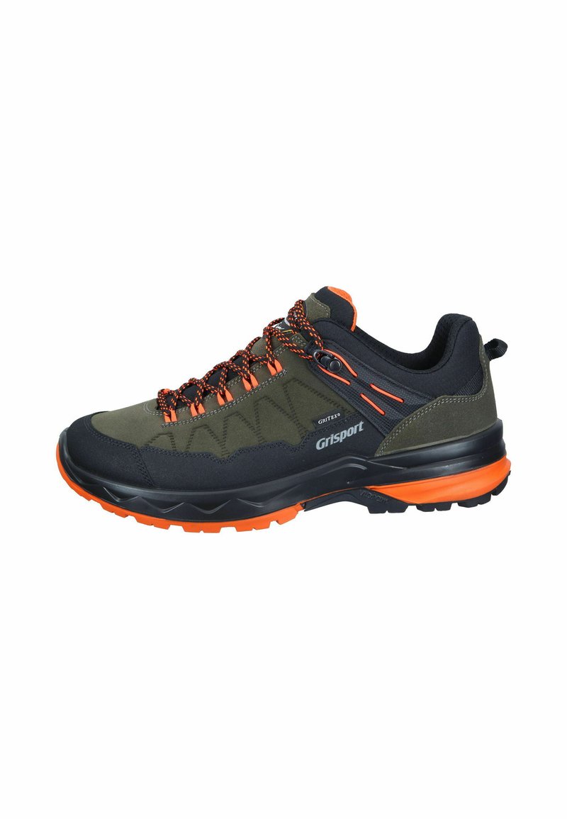 Hiking shoes with black and olive green textile upper. Bright orange laces and accents. Robust black rubber sole with orange detailing.