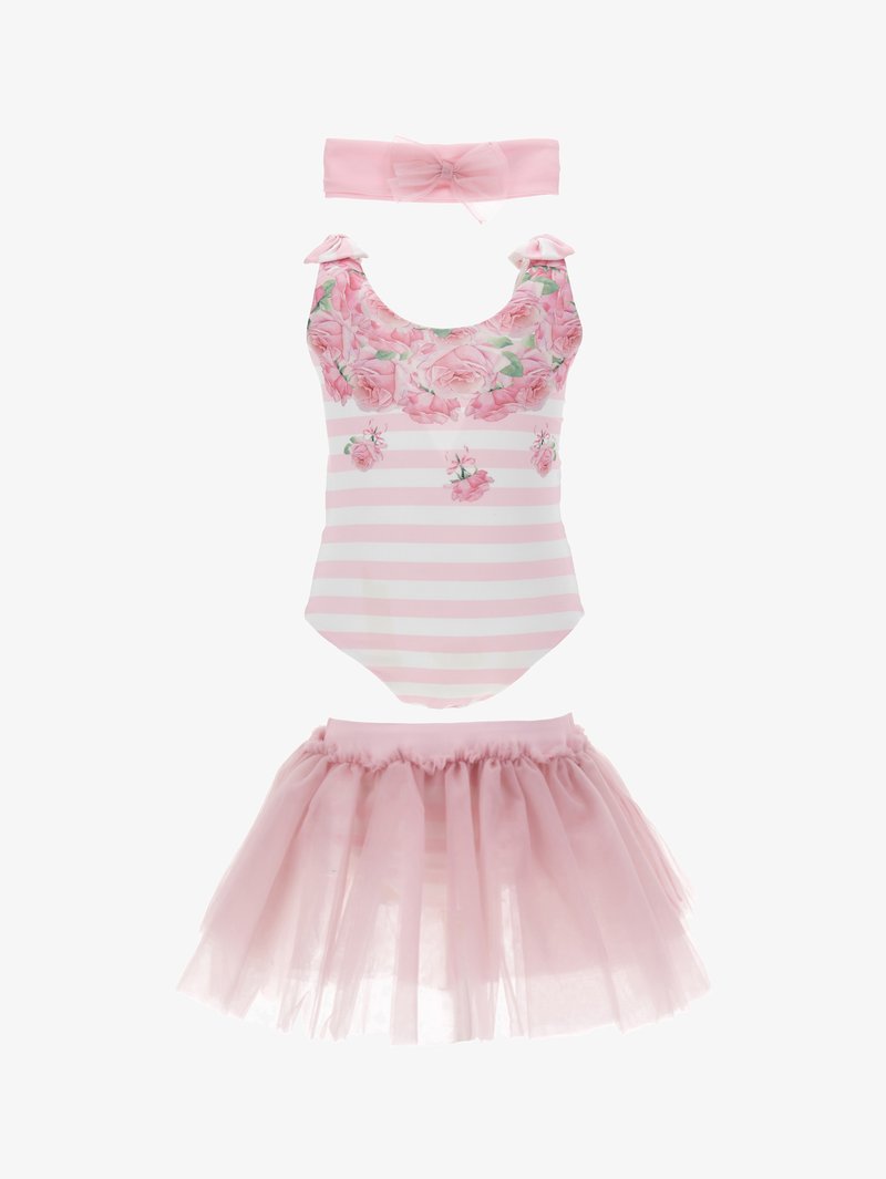 Blomsteret badedragt med lyserøde striber, flæse skuldre; inkluderer en matchende lyserød tylnederdel og hårbånd med sløjfedetalje.