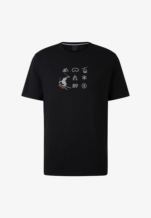 Zwarte katoenen t-shirt met grafische symbolen gerelateerd aan skiën en buitensportactiviteiten, met een kleine oranje accenten aan de voorkant.
