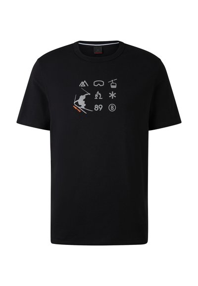 Czarny bawełniany t-shirt z graficznymi symbolami związanymi z narciarstwem i działalnością na świeżym powietrzu, z małym pomarańczowym akcentem z przodu.