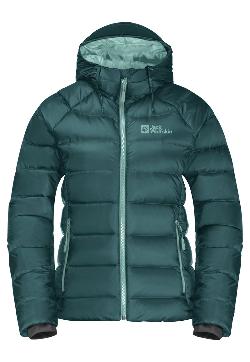 Teal Puffer-Jacke mit Kapuze, horizontal gesteppt, mit einem durchgehenden Reißverschluss und elastischen Bündchen. Markenlogo auf der Brust.