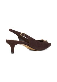 Brown suede slingback heel with a pointed toe, small heel, and gold buckle detail on the strap. Smooth texture with a stable base.