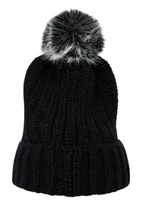 Zwarte gebreide beanie met ribbelstructuur, voorzien van een fluffy zwart-witte pompon bovenop, ontworpen voor warmte en comfort.