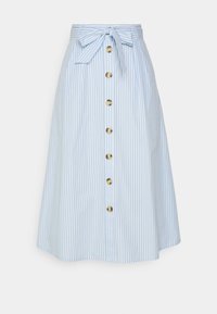 Falda de rayas azul claro y blancas con cinturón, forma en línea A, seis botones dorados en la parte delantera, tela suave con textura lisa.