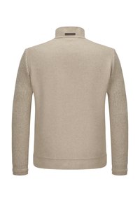 Beige Pullover mit hohem Kragen, weichem strukturierten Körper, Rippdetails an den Ärmeln und geradem Saum. Keine sichtbaren Logos oder Muster.