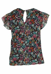 Blomsterbluse med korte flutterærmer, dyb V-ryg og flerfarvet blomsterprint på en mørk baggrund. Let og gennemsigtig stof.