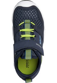 Zapato azul marino con parte superior de malla transpirable, cordones a rayas verdes, correa de Velcro y suela de goma blanca. El forro interior es de un verde brillante.