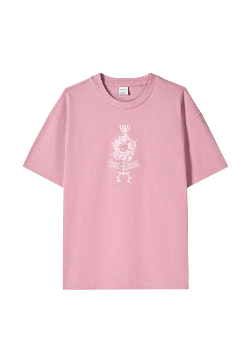 Pink cotton t-shirt featuring short sleeves, a crew neck, and white graphic print with "SILENT STRENGTH" text at the center.