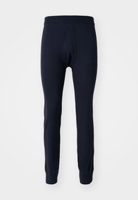 Marineblaue Baumwoll-Leggings mit slim Fit, ausgestattet mit einer glatten Textur, elastischem Bund und kontrastierenden roten Seitenstreifen.