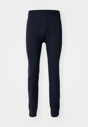 Navy cotton leggings with a slim fit, featuring a smooth texture, elastic waistband, and contrasting red side stripes.