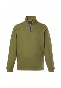 Sudadera de cuello con cremallera en verde oliva, hecha de una tela suave, con mangas largas y una textura acanalada, que presenta una cremallera azul marino y un logo sutil.