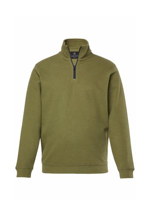 Olivgrüner Sweatshirt mit Reißverschluss aus weichem Stoff, mit langen Ärmeln und einem gerippten Muster, ausgestattet mit einem marineblauen Reißverschluss und dezentem Logo.
