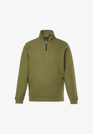 Oliivivihreä vetoketjullinen collegepaita pehmeästä kankaasta, pitkät hihat ja ribbirakenteinen pinta, jossa on tummansininen vetoketju ja hillitty logo.