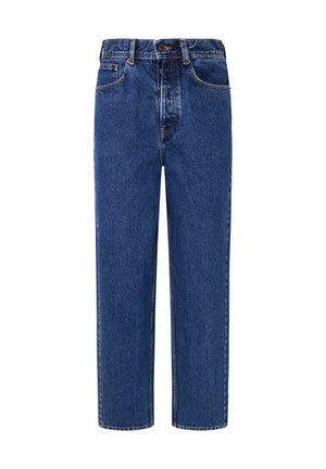 Jeans din denim, cu o spălare de albastru mediu, design cu picioare drepte, cinci buzunare și cusături contrastante pe cusături.
