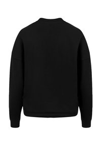 Schwarzes Sweatshirt mit Rundhalsausschnitt, langen Ärmeln und gerippten Bündchen. Glatte Stoffoberfläche mit klassischem Schnitt und ohne sichtbare Markenkennzeichnung.