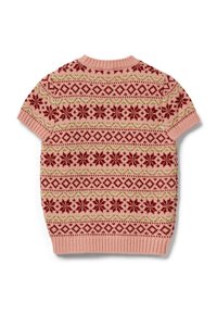 Krátký pletený svetr s krátkým rukávem v světle růžové barvě, s geometrickým vzorem v červené a zelené. Žebrovaný límec a lem. Jemná textura.