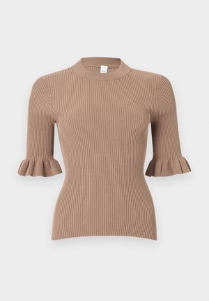 Beige ribbed knit top with short sleeves ending in ruffled cuffs and a round neckline.