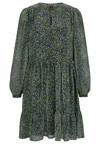 Blumenfarbenes Kleid mit schwarzem Hintergrund, grünen und blauen Blumen, langen Ärmeln, einer gerafften Taille und einem gestuften Volantsaum.